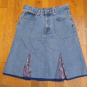 Vtg 90s Calvin Klein Denim Jean Tapestry Patchwork Maxi Skirt  Sz 12